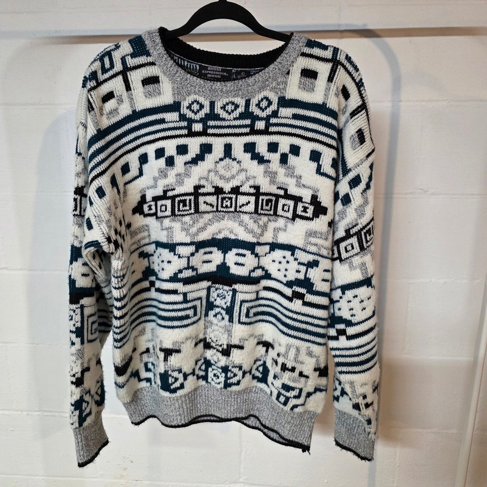 Vintage Expressions Men L Geometric Sweater‎ Green Black White Eclectic Grandpa